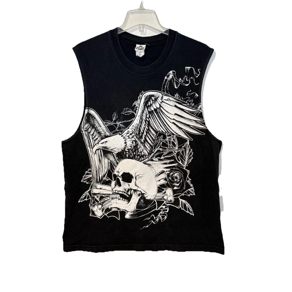Vintage Y2K Grunge Goth Skull Roses‎ Eagle Men's Black Tank Muscle Shirt Sz LG